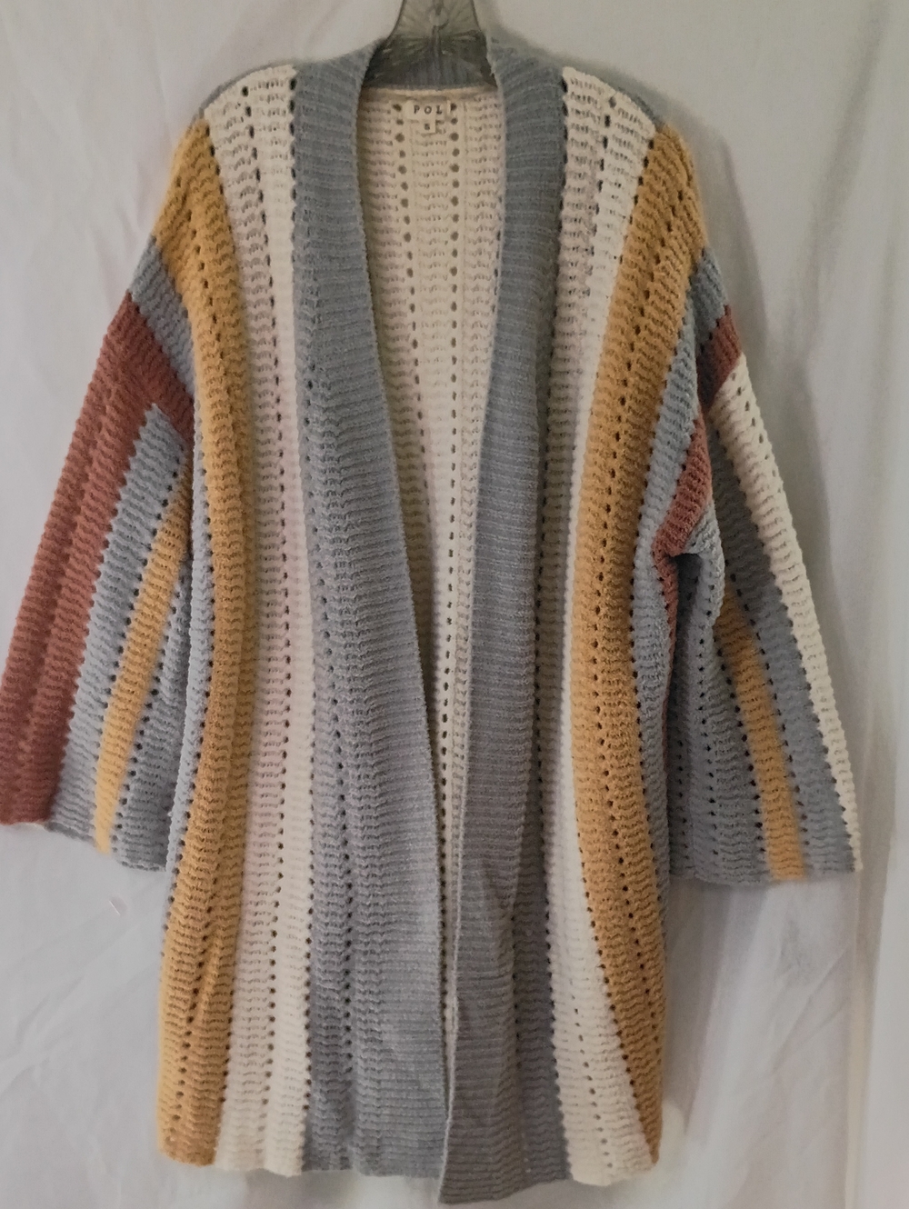 POL Open-Front Striped Knit Cardigan Sweater - Cream, Gray, Mustard, Rust